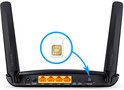 Achterkant van de zwarte TP-Link router met 4 LAN-poorten, SIM-kaartslot en twee antennes.