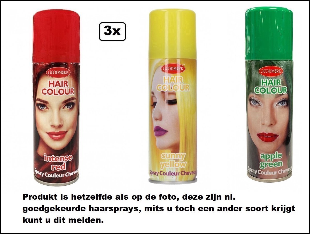 3x Haarverf/haarspray rood geel groen 124 ml - Intense red/ sunny yellow / apple green - Word bezorgd in doos ivm beschadiging - Festival thema feest carnaval haar kleurspray party