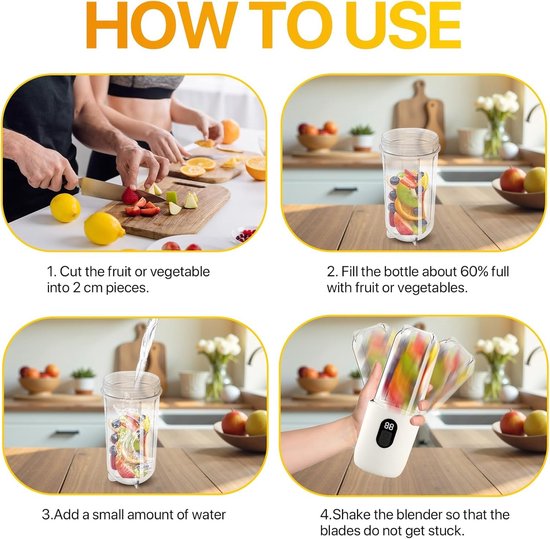Draagbare blender - smoothie blender to go voor shakes en vers fruit - 16 messen, USB oplaadbaar - wit - 8,5 x 8,5 x 28,5 cm - ABS voor thuis, werk en onderweg van Merkloos — afbeelding 5