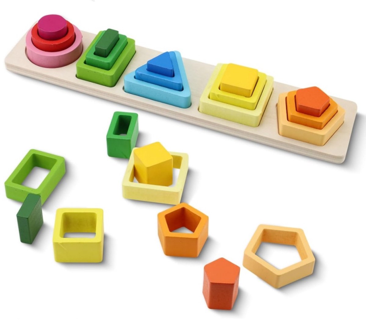 Montessori Gradient Stacking Tower & Shape Sorter - Houten Puzzel voor Dementie & Ouderen - Geometrische Vormen & Kleurherkenning Educatief Speelgoed