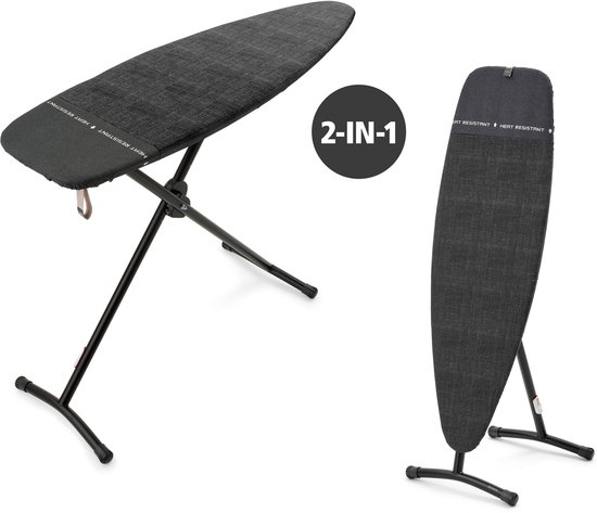 Twee weergaven van een antraciet strijkplank, een plat en een rechtop.