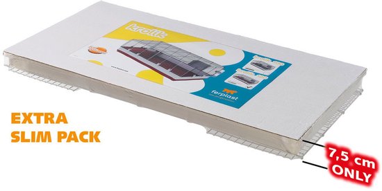Verpakking van een Ferplast krolik knaagdierkooi, met tekst 'EXTRA SLIM PACK' en '7,5 cm ONLY'.