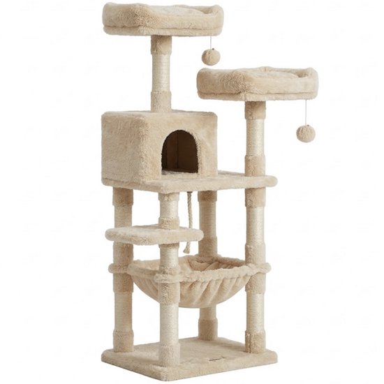 Crème, beige kattenboom met meerdere verdiepingen, inclusief een hangmat en kattenhuisje, tegen een witte achtergrond.