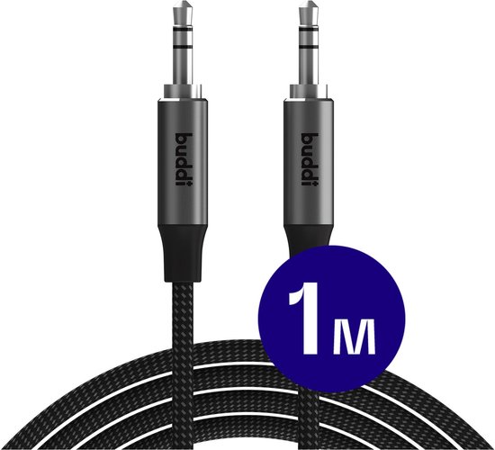 3.5mm Jack Aux Kabel 1m – Buddi Flex Nylon Stereo Audio Kabel Male to Male, Verguld, Auto, Speaker, Koptelefoon