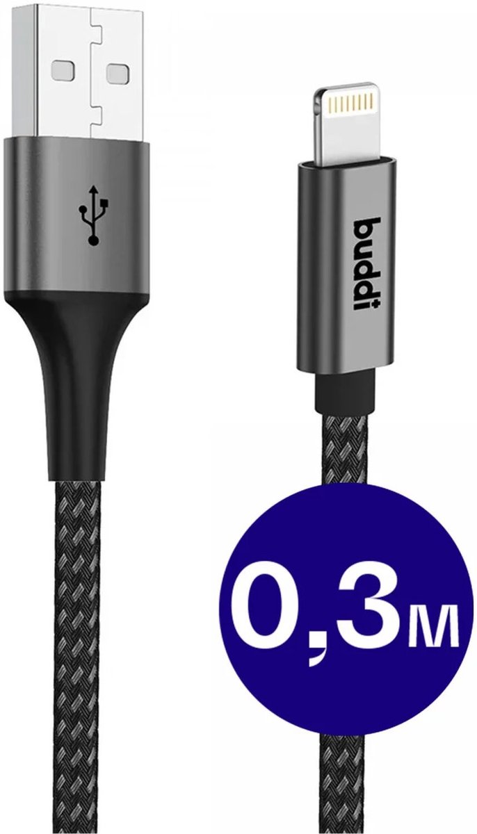 Buddi Flex | USB-A naar Lightning Kabel 12W Fast Charge | 480Mbps Dataoverdracht | Gevlochten Nylon | 0,3M Zwart