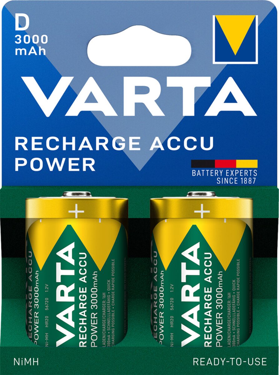 Varta oplaadbare batterijen - Varta Power Accu D - Batterij NiMH D/LR20 1.2 V 3000 mAh R2U 2-blister