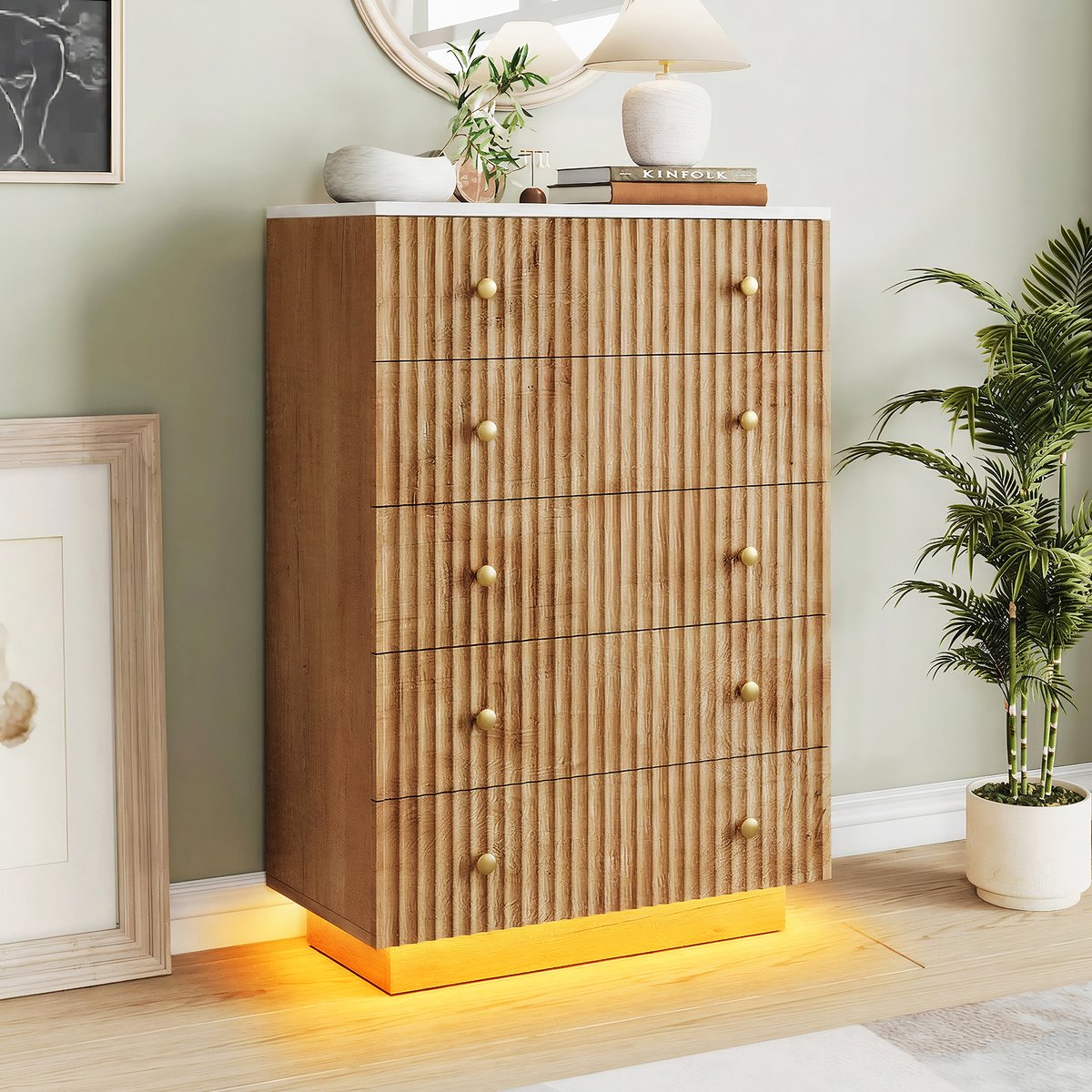 Commode met 5 Lades, Natuur Houten Opbergmeubel met Massief Houten Poten, LED-Verlichting, Kippingsveilig, Opbergkast voor Woonkamer, Slaapkamer & Gang, 73x40x111 cm