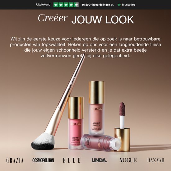 Twee flacons met blush en een kwast. Omringd door tijdschriftlogo's zoals Grazia, Cosmopolitan, Elle.