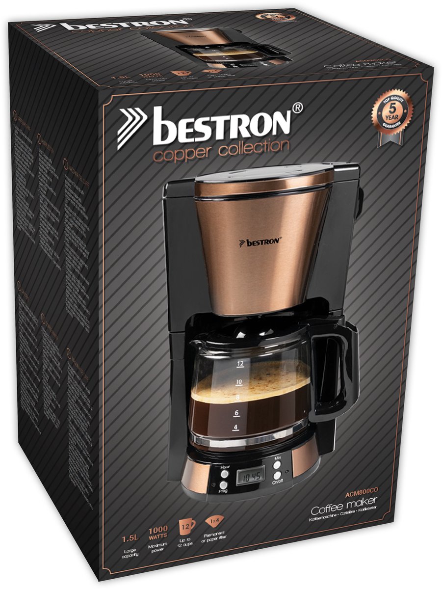 Bestron ACM800CO Koffiezetapparaat – 1,5L – 12 Koppen – Programmeerbare Timer – Warmhoudplaat – Permanentfilter – 1000W – Koper thumbnail 3
