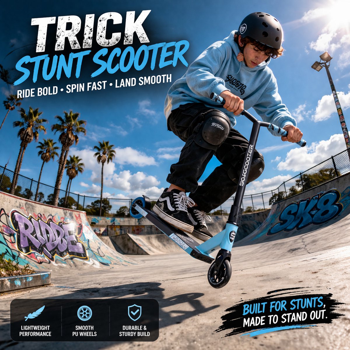 Suotu Stuntstep - Step - Kinderstep - Silent axle - Speelgoed Jongens/Meisjes - Aluminium - Blauw/Zwart — afbeelding 2