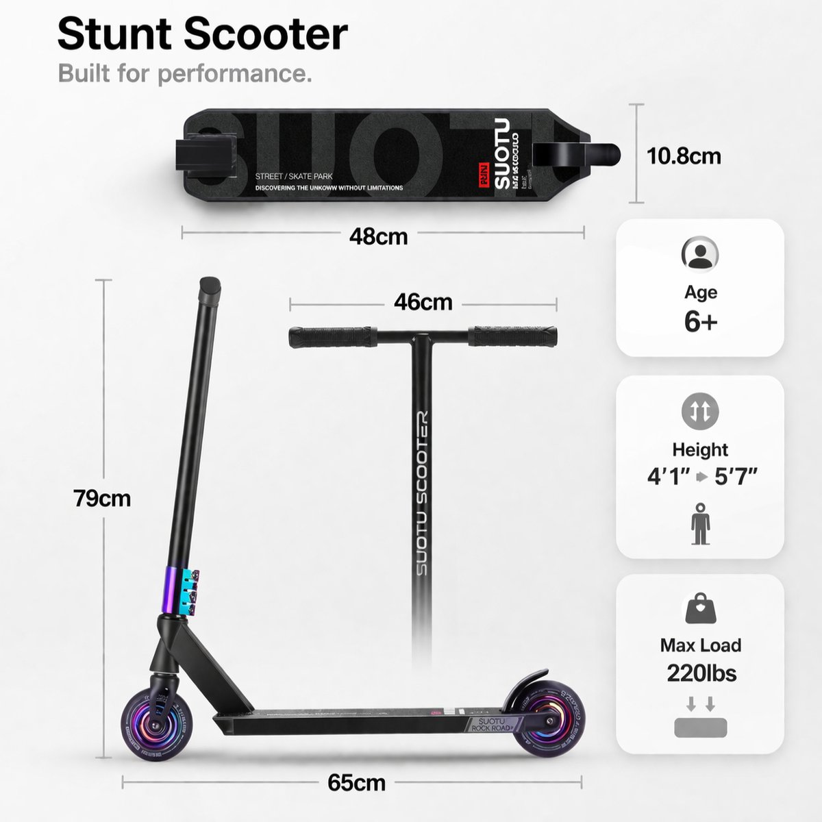 Suotu Stuntstep - Step - Kinderstep - Silent axle - Speelgoed Jongens/Meisjes - Maximale stuurhoogte: 78 cm - Aluminium - Zwart/NEO — afbeelding 8