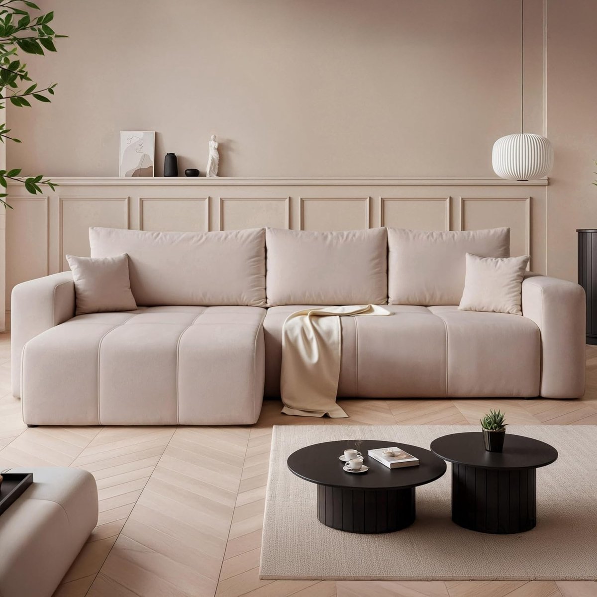 Hoekbank met Slaapfunctie L-vorm 278x145x79 cm – Slaapbank met Opbergruimte & Uittrekbaar Bed 125x232 cm – Comfortabele Velvet Hoekbank met Kussens – Manilla Stof – Laura