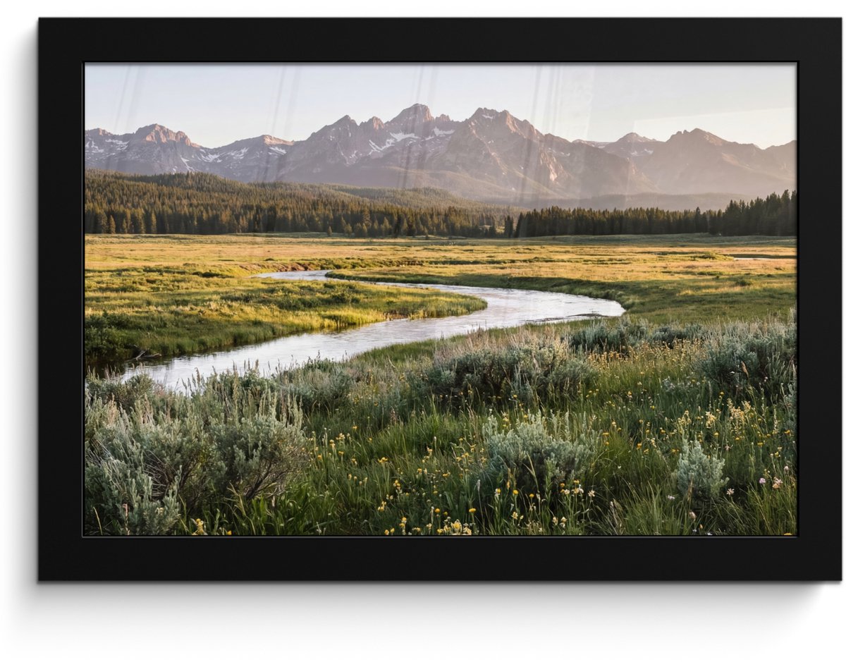 FrameYourWall Poster in lijst - Fotolijst 30x20 cm - Posters - Berglandschap - Rivier - Bos - Posterlijst zwart - Decoratie - Wanddecoratie woonkamer - Muurdecoratie slaapkamer