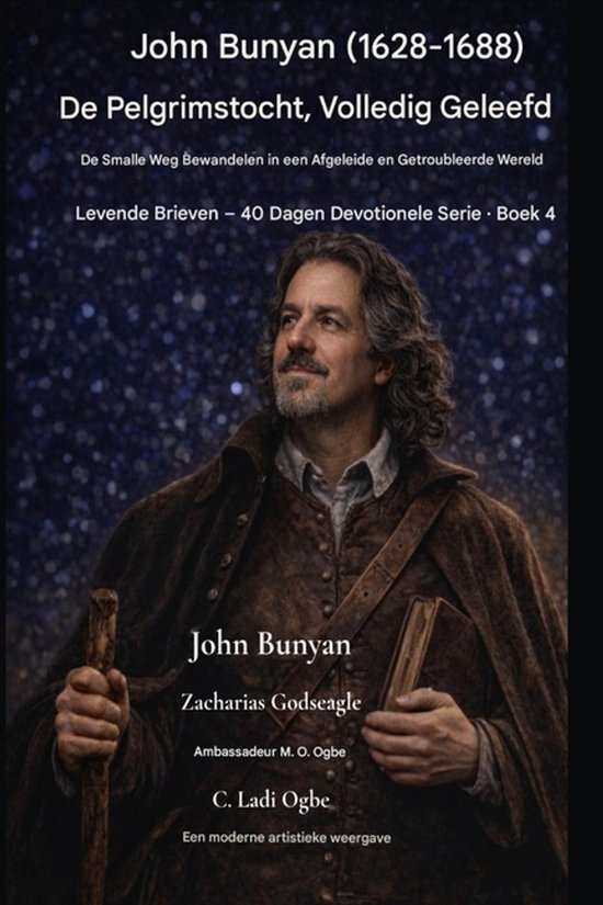 Boekomslag met John Bunyan (1628-1688). Centraal staat een man met donkere kleding, een staf en een boek.