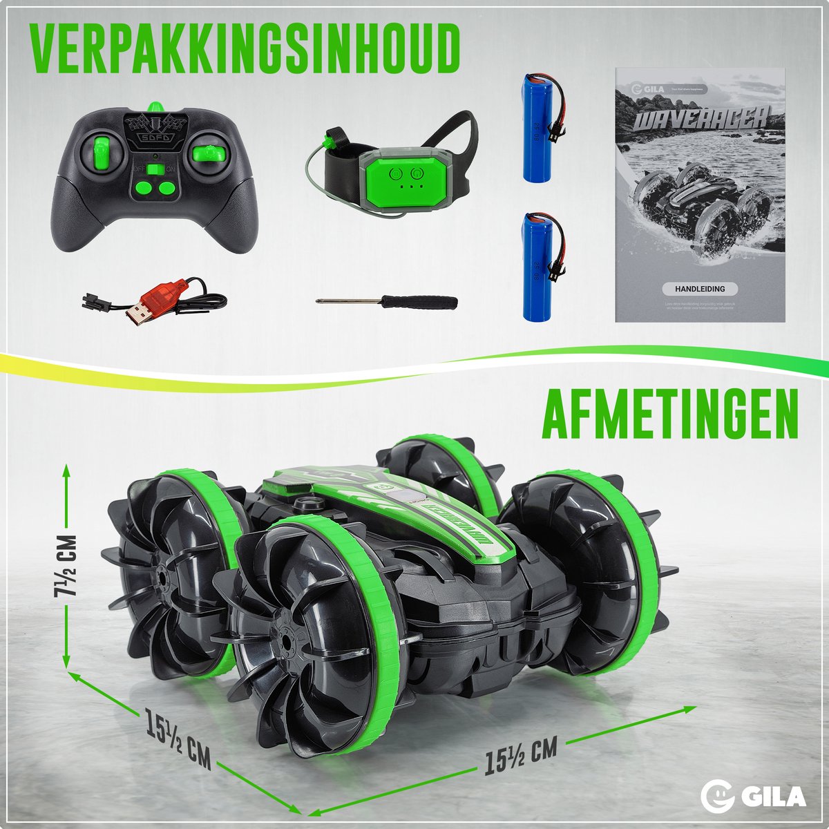 GILA Bestuurbare Auto All-Terrain - RC Auto met 2 Accu's - Waterdicht - Speelgoed Autos Jongens - Buitenspeelgoed - Race Car/Boot Land & Water - 1,5u Speelplezier - Radiografisch — afbeelding 4