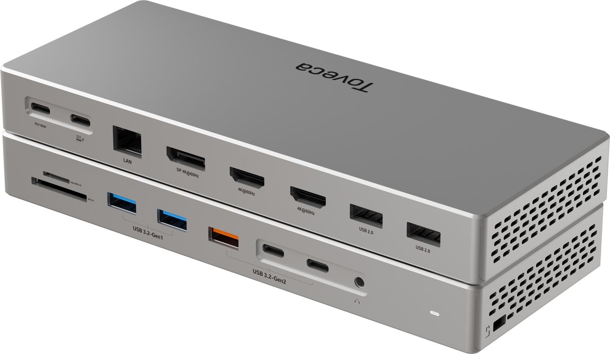 Toveca 16-in-1 Docking Station Laptop - PD 100W - 2x HDMI 4k - DP 4k - RJ45 1000 Mbps - Micro SD/ SD Kaartlezer - 2x USB A 3.2 Gen 1 - USB A 3.2 Gen 2 - USB C 3.2 Gen 2 - 2x USB 2.0 - Jack 3.5 mm