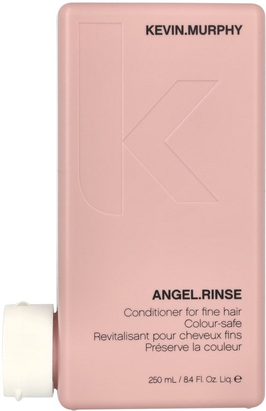 Bouteille rose pâle avec logo KEVIN.MURPHY. ANGEL.RINSE Revitalisant pour cheveux fins. Préserve la couleur.