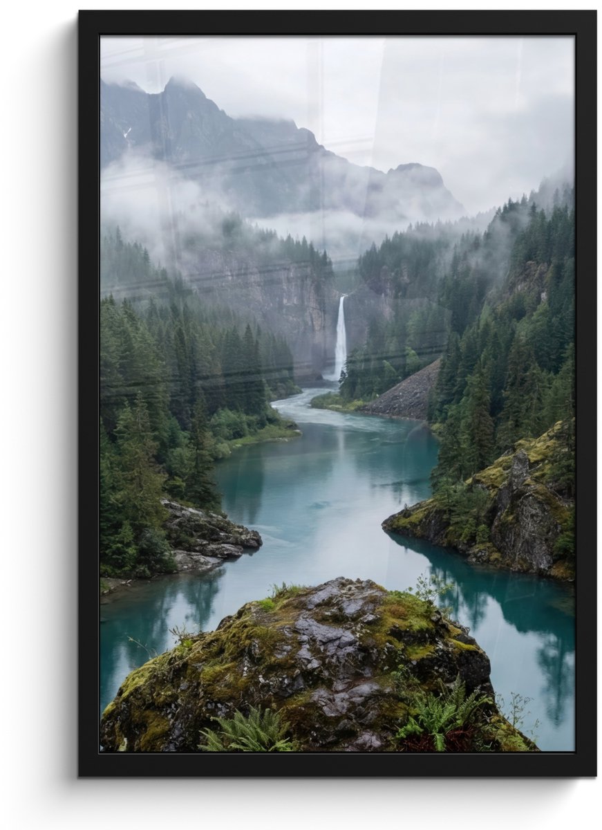 FrameYourWall Poster in lijst - Fotolijst 40x60 cm - Posters - Waterval - Bomen - Bergen - Posterlijst zwart - Decoratie - Wanddecoratie woonkamer - Muurdecoratie slaapkamer