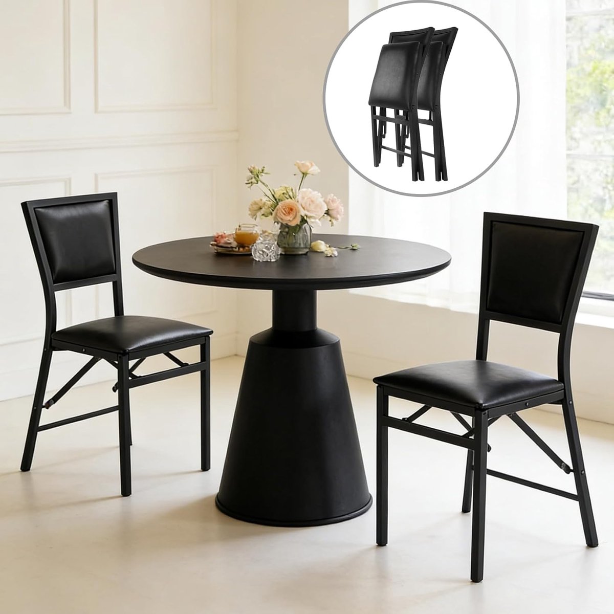 Inklapbare Eetkamerstoelen Set van 2 – Comfortabele Gevoerde Zwarte Klapstoelen met Metale