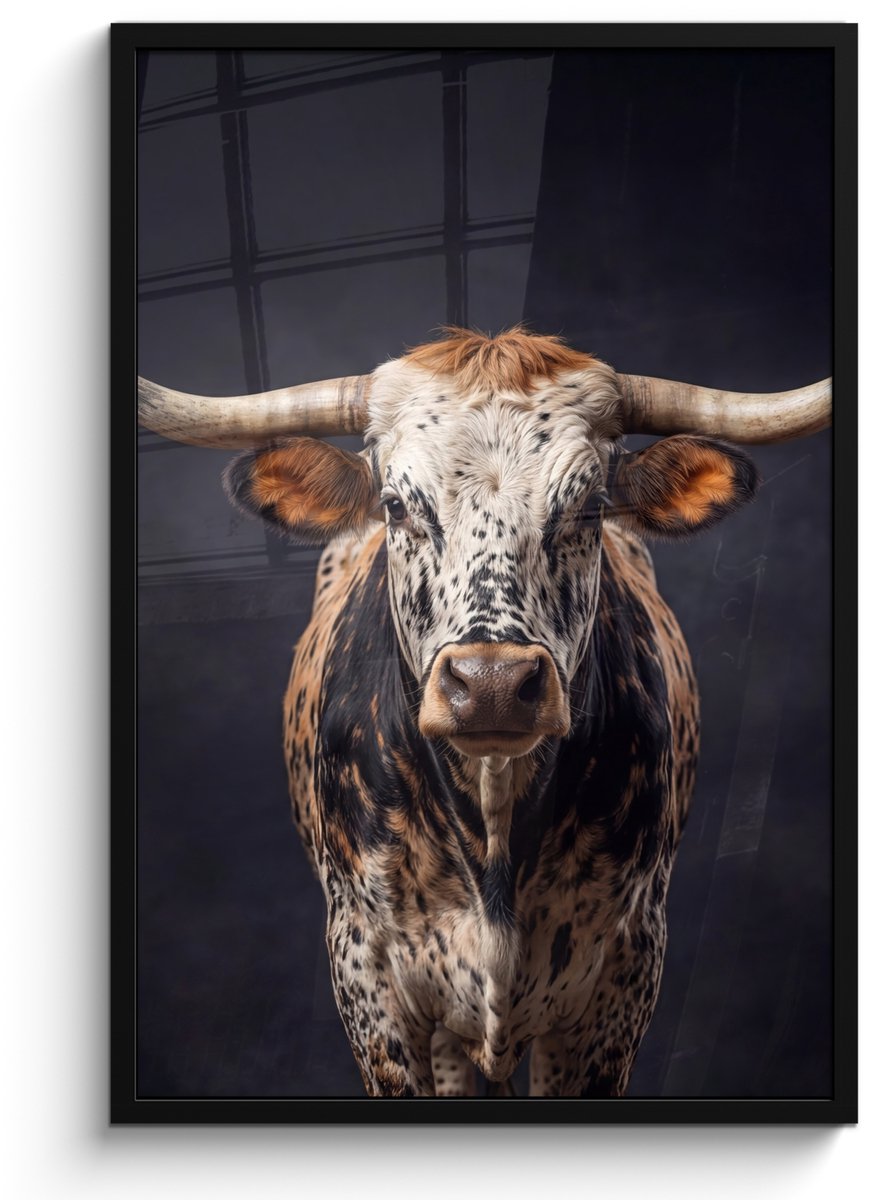 FrameYourWall Poster in lijst - Fotolijst 60x90 cm - Posters - Stier - Kleurrijk - Hoorns - Posterlijst zwart - Decoratie - Wanddecoratie woonkamer - Muurdecoratie slaapkamer