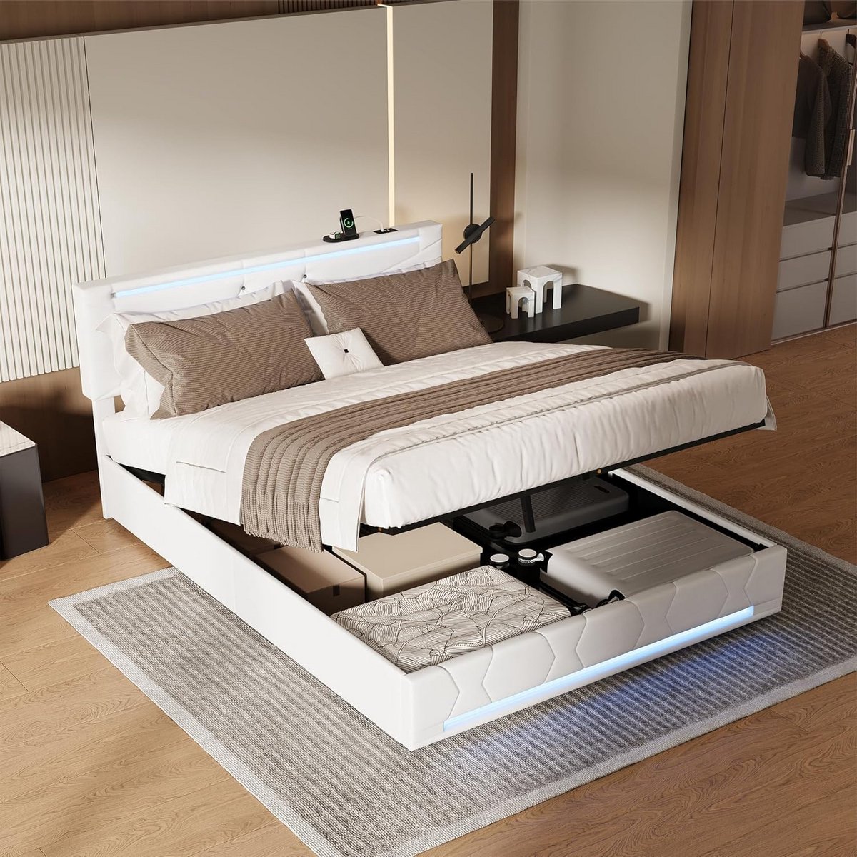 Tweepersoonsbed 140x200 met Hydraulische Opbergruimte, Lattenbodem en LED-Verlichting