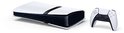 PlayStation 5 Pro console, liggend, met DualSense controller, in wit met zwarte accenten.