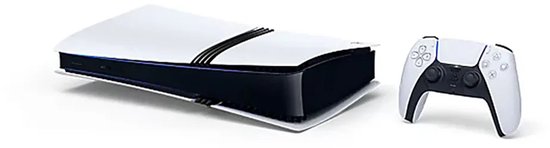 PlayStation 5 Pro console, liggend, met DualSense controller, in wit met zwarte accenten.