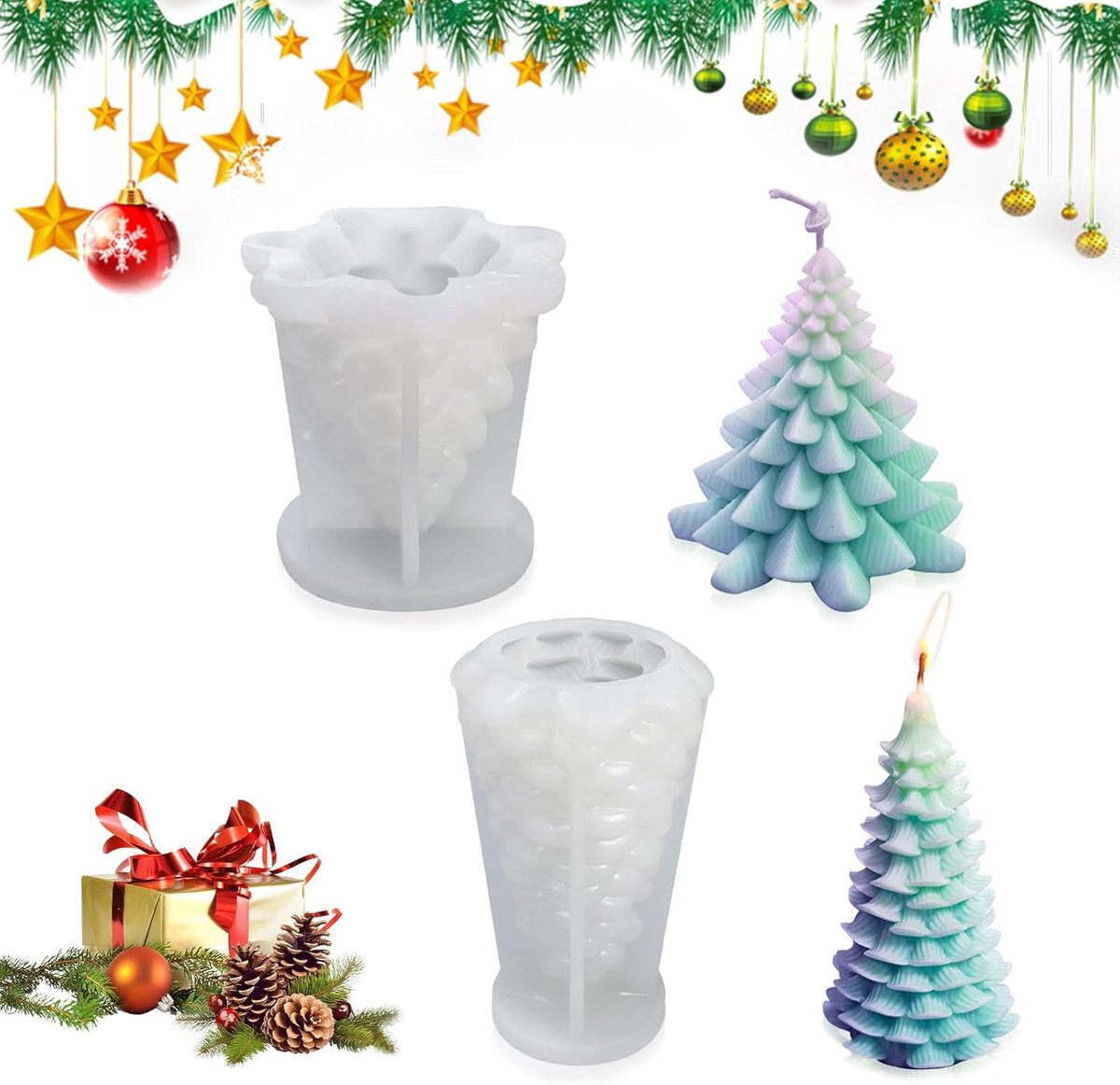2 Pak Kaarsvormen Kerstboom - Flexibele Siliconen Mal voor Zelf Kaarsen Maken