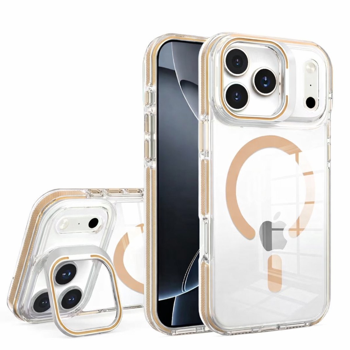 Blijvend Transparante MagSafe Telefoonhoes – Shockproof Back Cover met Camera Bescherming & Ingebouwde Standfunctie – Bruin – Geschikt voor iPhone 17 Pro Max