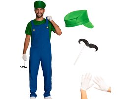 Partyxclusive 5-Delig Loodgieter Kostuum Pak Shirt/Broek/Hoed/Handschoenen/ Snor op stokje Carnavalskleding Heren Carnaval Kostuum Verkleedkleding Mannen - Polyester - Groen- XL