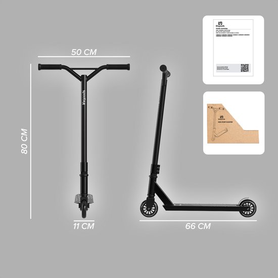 Afmetingen van de zwarte stuntstep: 80cm hoog, 50cm breed stuur, 11cm breed deck, 66cm lang. Inclusief instructies.