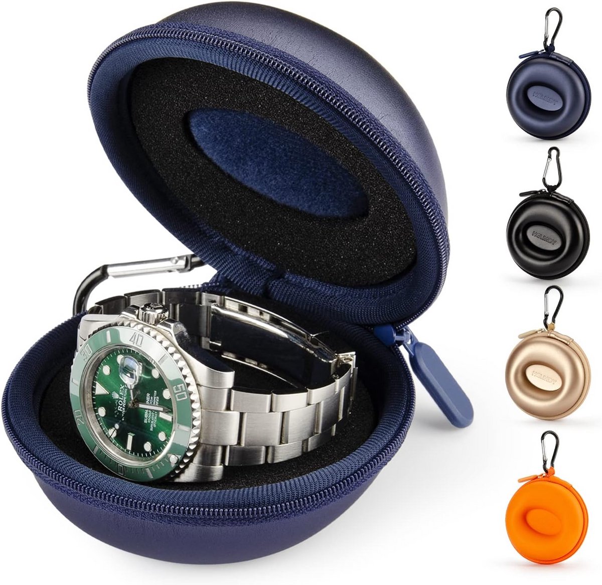 Draagbare Horlogekast voor Reizen - Single Slot Opbergdoos voor Horloges en Smartwatches tot 50mm - PU Leer met Stevige Hard Shell - Blauw