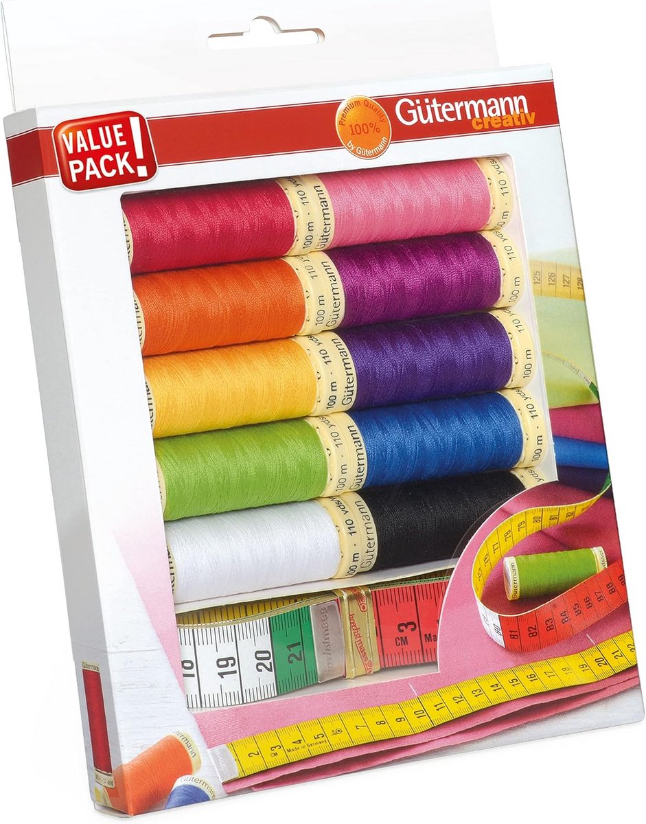 Creatief naaigarenset met 10 spoelen van 100 meter in felle kleuren + meetlint