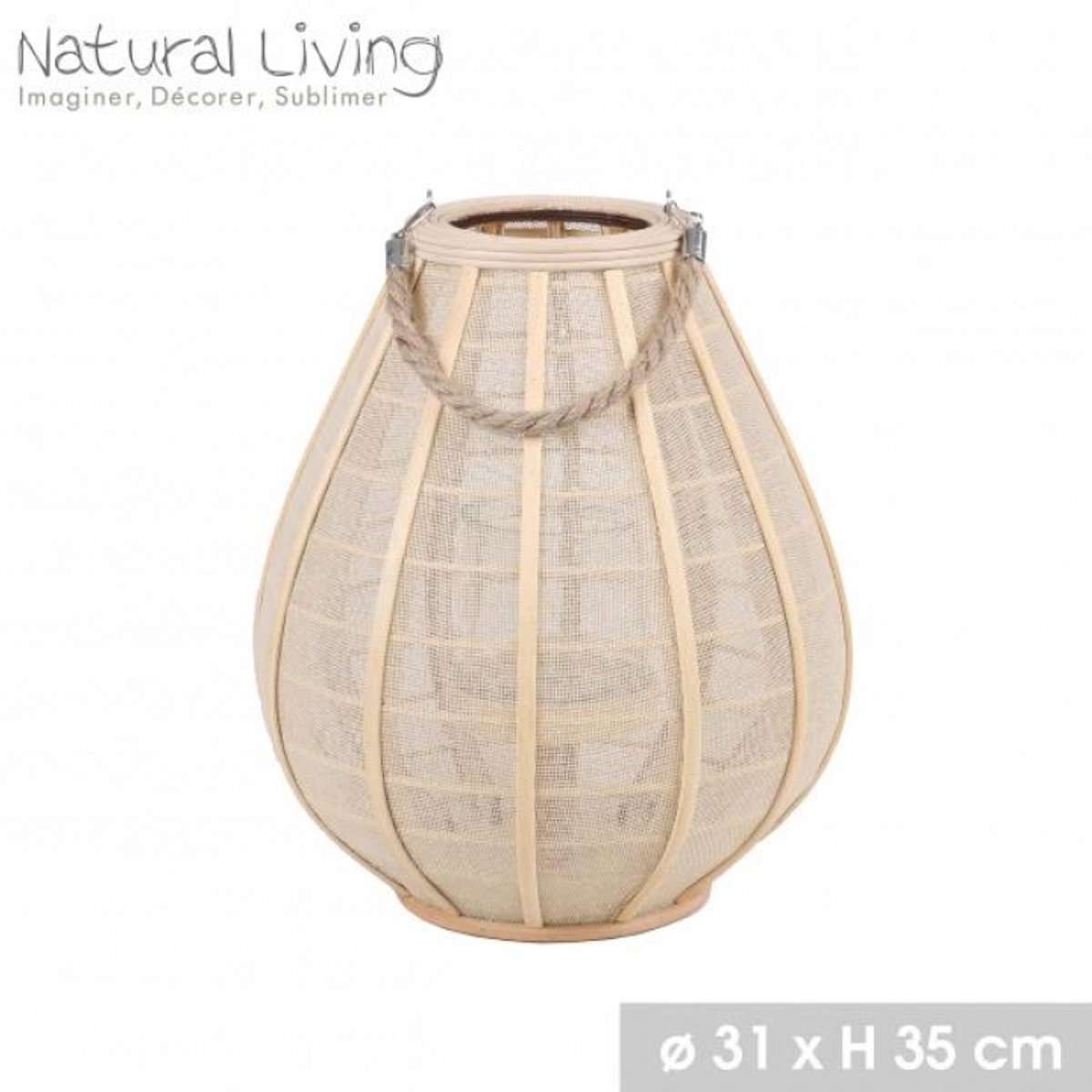 "NATURAL LIVING" LANTAARN KIMO IN HOUT EN STOF MET GLAZEN KAARSHOUDER D31CM x H35CM