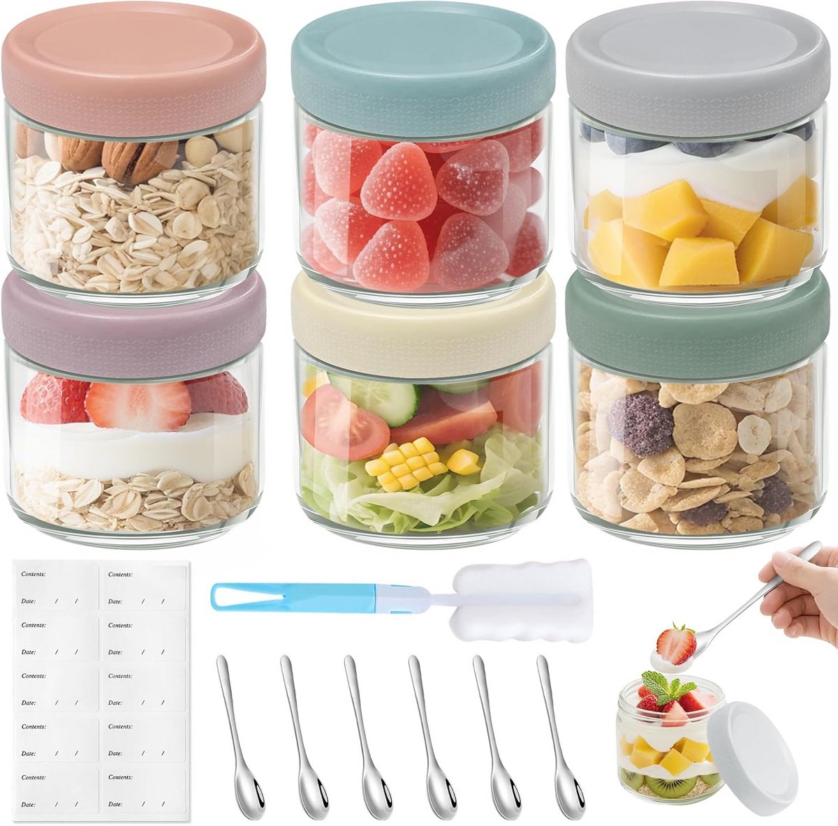 6 Glazen Potten voor Overnight Oats 350ml met Deksel en Lepel
