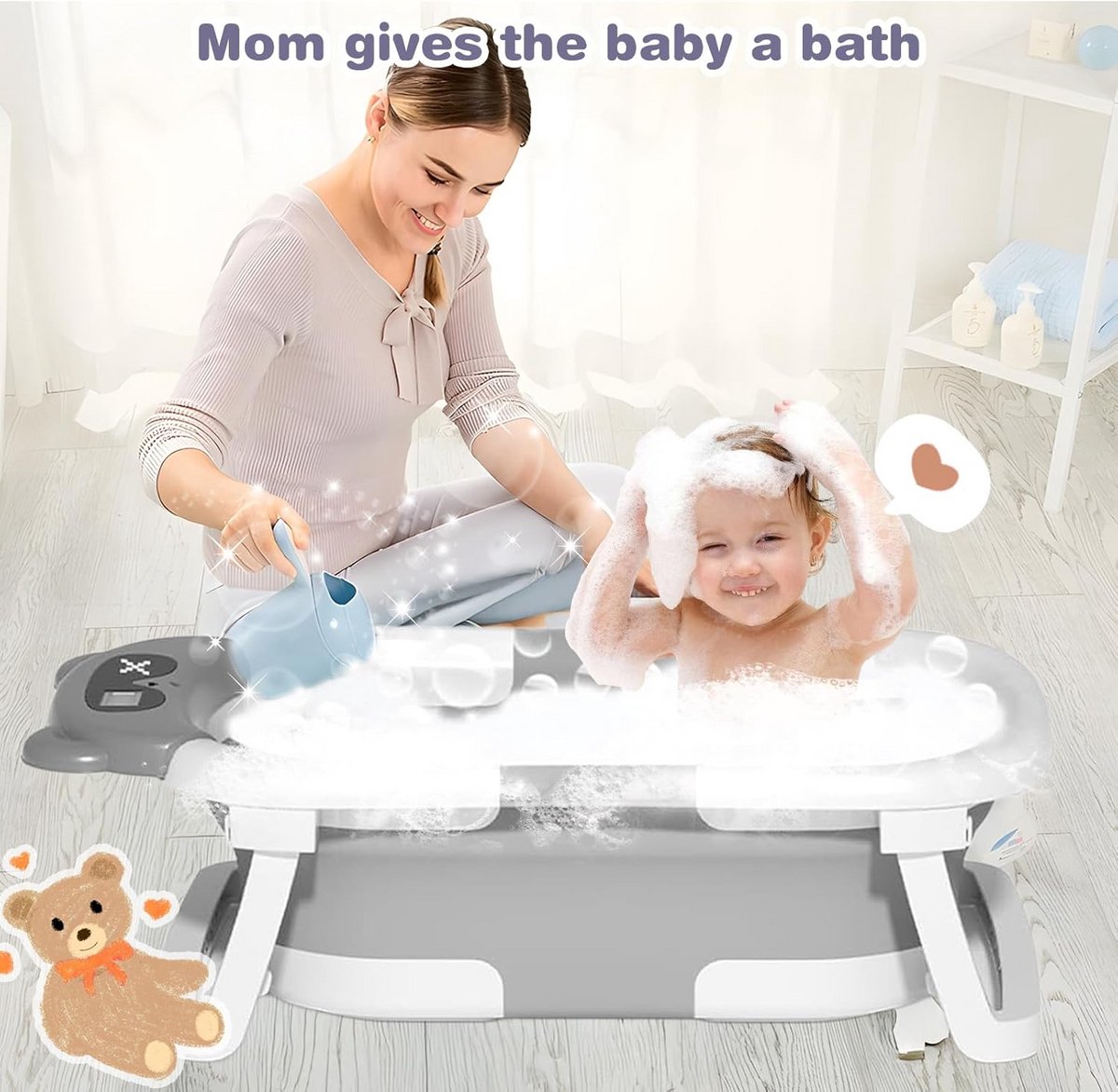Opvouwbare babybadkuip met badkussen en antislipmat - inklapbare badkuip met thermometer voor pasgeborenen tot 36 maanden thumbnail 7
