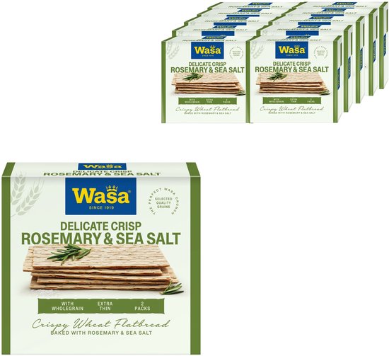 Wasa Delicate Crisp Rozemarijn & Zeezout volkoren knäckebröd, extra dun en krokant, gebakken met rozemarijn en zeezout.