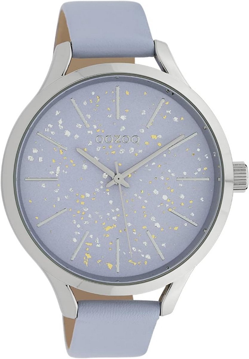 Dameshorloge XL 45mm Zilverkleurig met Lila Glitter Wijzerplaat en Leren Band