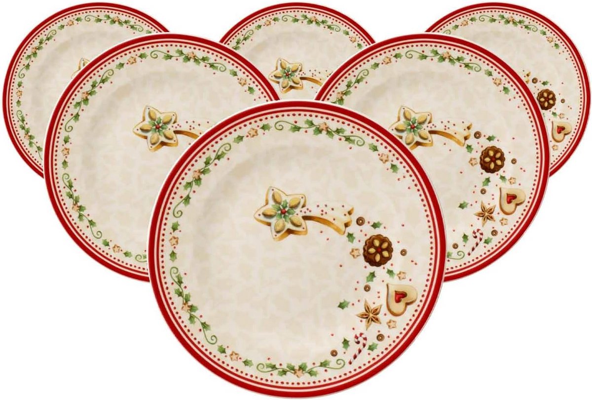 Set van 6 Ontbijtborden Kerstthema met 4 RVS Rietjes - Winter Bakery Collectie