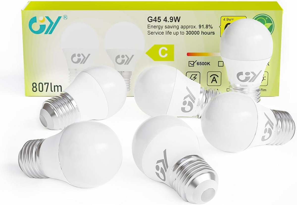Set van 6 E27 LED Lampen 4,9W (vervangt 60W) 807 Lumen Koudwit Hoog Rendement