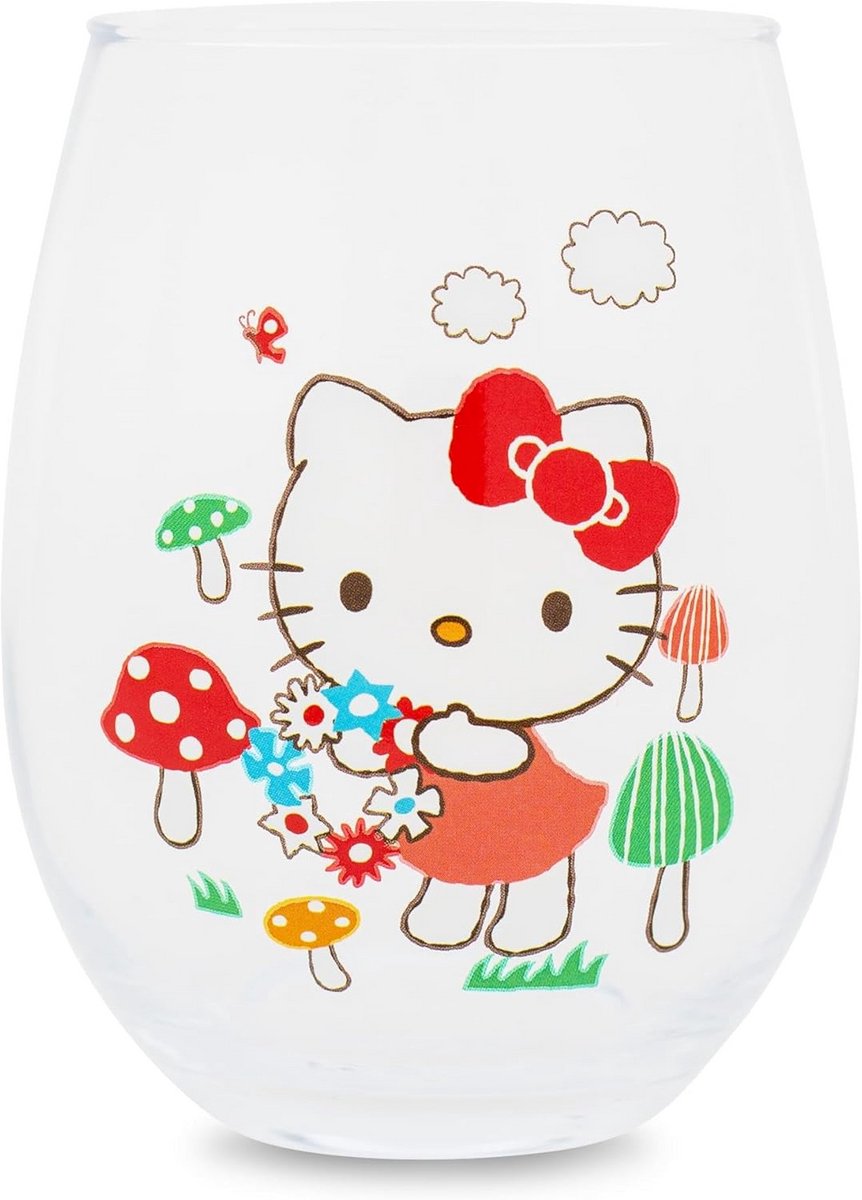 Stemloos Wijnglas met Paddenstoelen en Kawaii Kattenprint