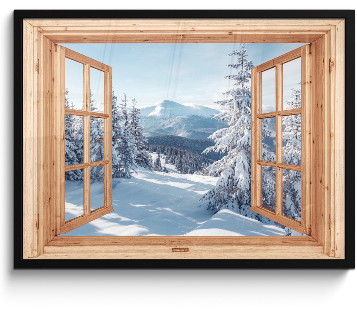 FrameYourWall Poster in lijst - Fotolijst 70x50 cm - Posters - Doorkijk - Winterlandschap - Natuur - Berg - Bomen - Hout - Posterlijst zwart - Decoratie - Wanddecoratie woonkamer - Muurdecoratie slaapkamer