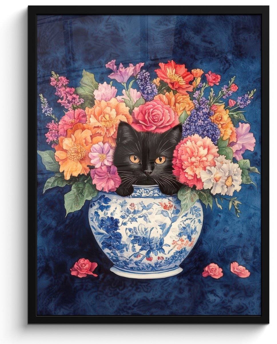 FrameYourWall Poster in lijst - Fotolijst 50x70 cm - Posters - Kat - Felgekleurde bloemen - Vaas - Posterlijst zwart - Decoratie - Wanddecoratie woonkamer - Muurdecoratie slaapkamer Kat - Bloemen - Vaas