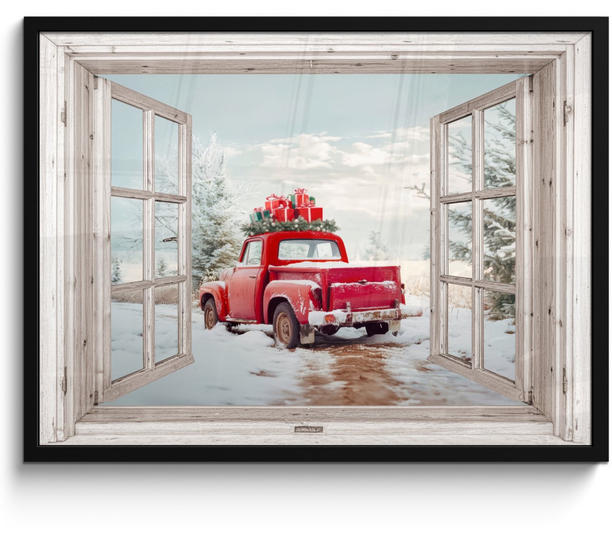 FrameYourWall Poster in lijst - Fotolijst 70x50 cm - Posters - Auto - Rood - Cadeaus - Winter - Kerst - Doorkijk - Wit - Posterlijst zwart - Decoratie - Wanddecoratie woonkamer - Muurdecoratie slaapkamer - Kerstversiering - Kerstdecoratie voor binnen - Kerstmis