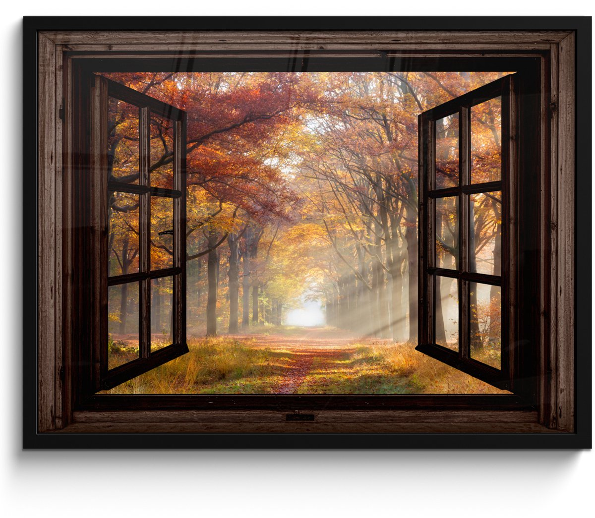 FrameYourWall Poster in lijst - Fotolijst 70x50 cm - Posters - Herfst - Bos - Bomen - Natuur - Doorkijk - Posterlijst zwart - Decoratie - Wanddecoratie woonkamer - Muurdecoratie slaapkamer Bruin