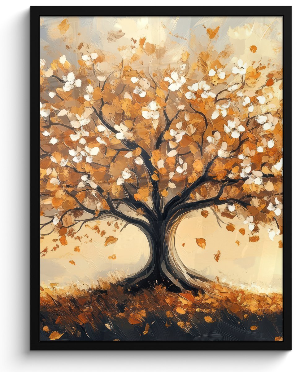 FrameYourWall Poster in lijst - Fotolijst 50x70 cm - Posters - Herfst - Boom - Oranje - Bladeren - Levensboom - Abstract - Posterlijst zwart - Decoratie - Wanddecoratie woonkamer - Muurdecoratie slaapkamer