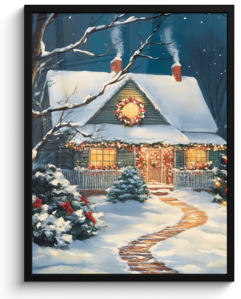 FrameYourWall Poster in lijst - Fotolijst 50x70 cm - Posters - Kerst - Kerstboom - Winter - Huis - Sneeuw - Posterlijst zwart - Decoratie - Wanddecoratie woonkamer - Kerstdecoratie voor binnen - Kerstversiering - Kerstmis versiering in huis - Christmas decorations Huis - Kerstboom