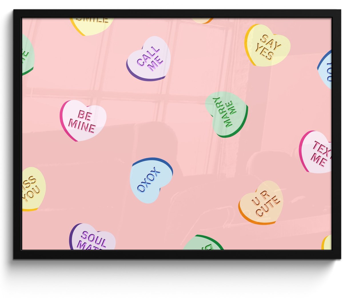 FrameYourWall Poster in lijst - Fotolijst 70x50 cm - Posters - Hart - Snoep - Pastel - Tekst - Posterlijst zwart - Decoratie - Wanddecoratie woonkamer - Muurdecoratie slaapkamer Hartjes - Snoep