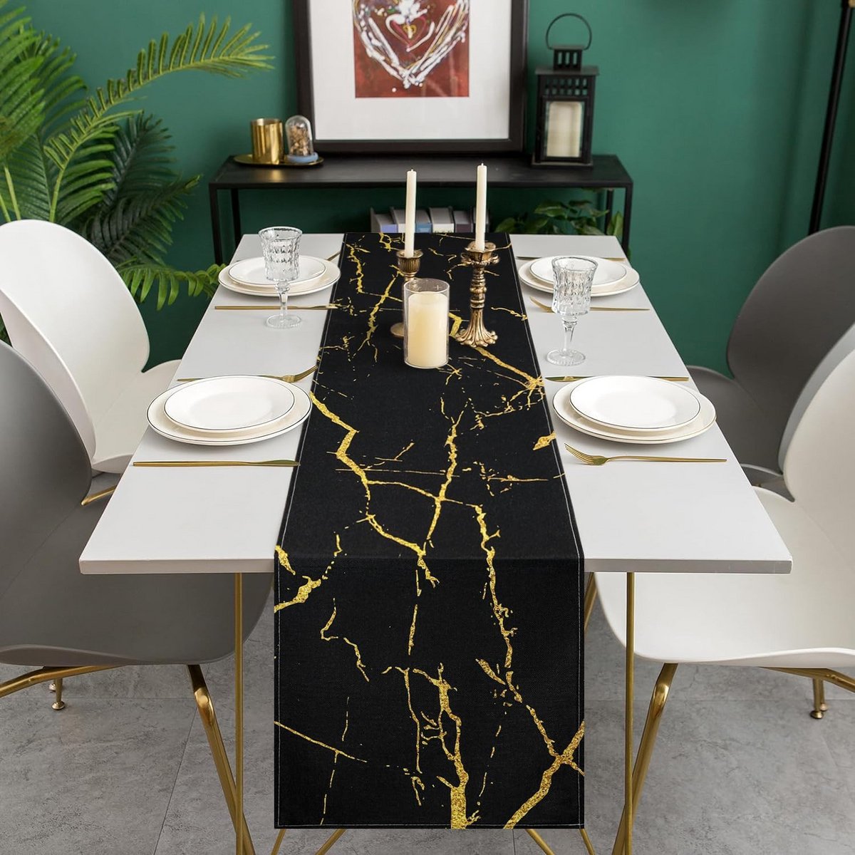 Luxe Zwarte Tafelloper Linnen Abstracte Gouden Marmer Textuur 33x183 cm