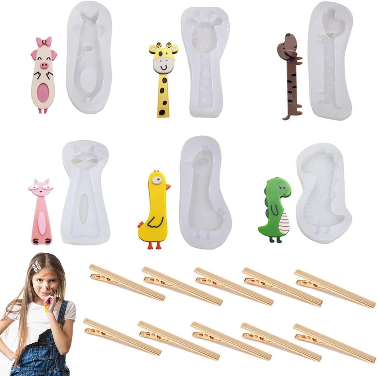 Siliconen Haarspeld Resin Molds Set met Alligator Haarspeldjes - Schattige Dieren Vormen